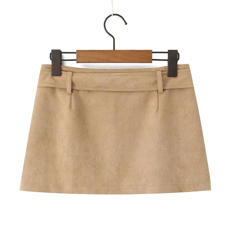 YENKYE Faux Suede Slim Fit Package Hip A-line Mini Skirt For Women Sexy Low Waist With Belt Autumn Skirts