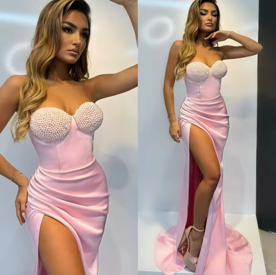 

Customized Sweet Pink Elegant Luxury Beaded Mermaid High slit Sweetheart Evening Dress 2025 Women Dubai Party Long Dress