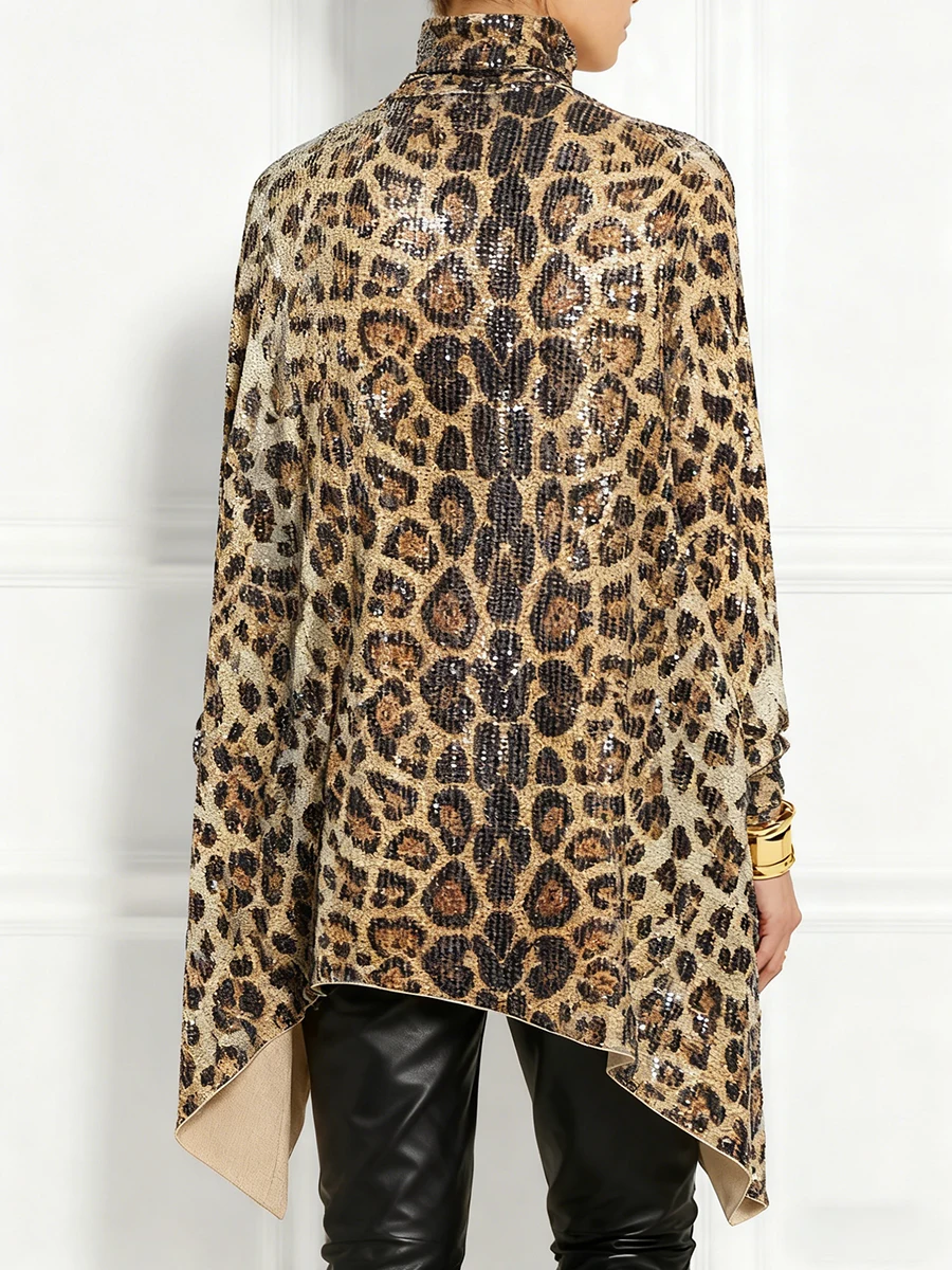 Lässige Pailletten-Blusen mit Unregelmäßigem Saum für Damen Eleganter Leoparden-Hochkragen Langarm Lose Oberteile Party Metallic Brauner Pullover – Detail 2