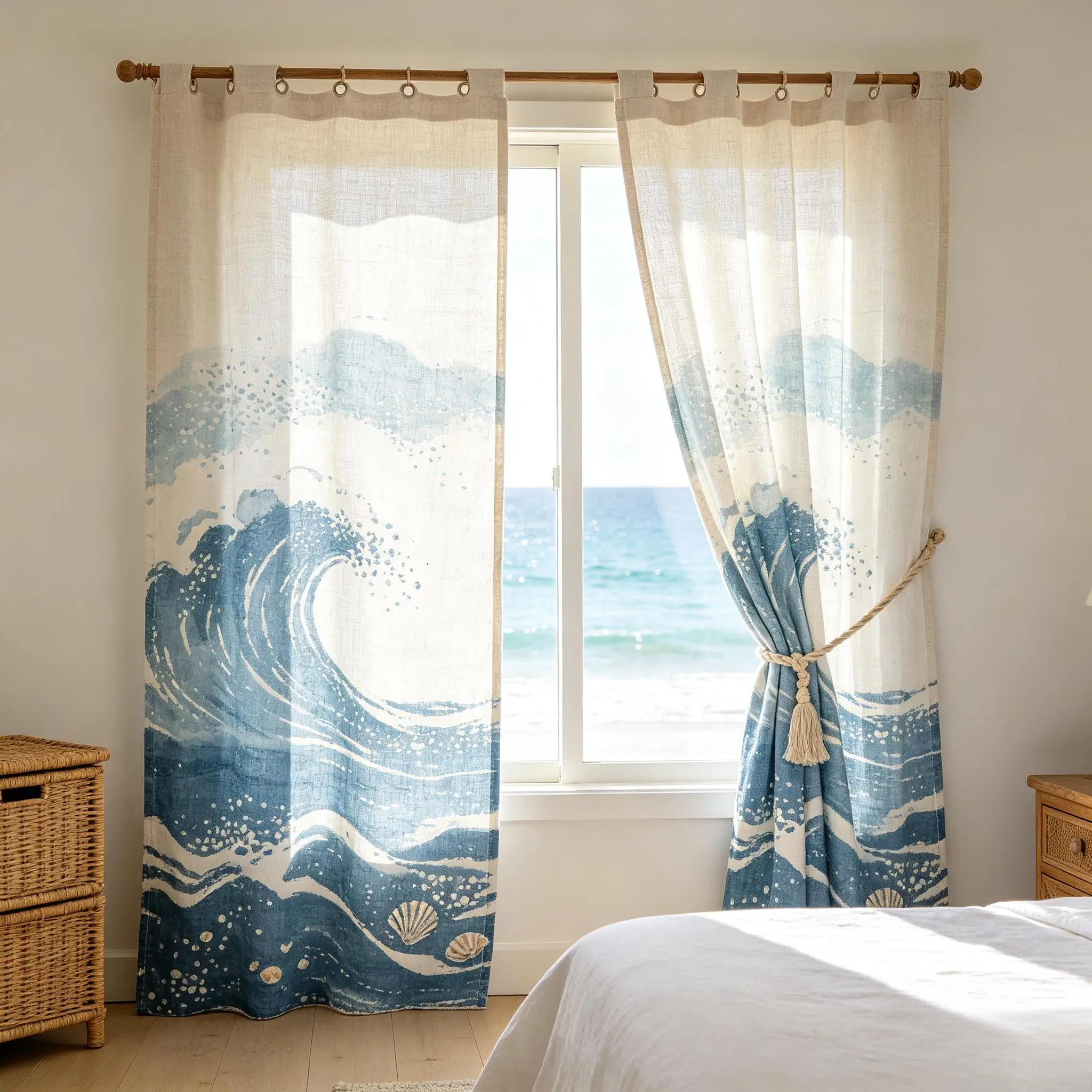 200237   Blue and white wave print | Seaside bedroom | Tassel strap
