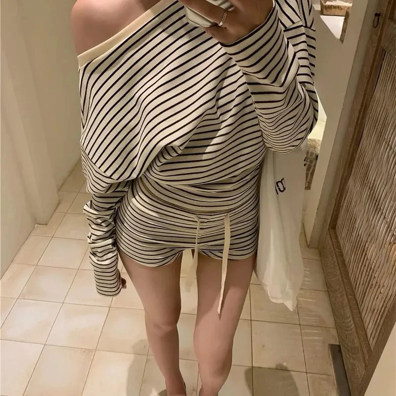 Striped Sleepwear Women Pajama Shorts Sets Long Sleeve Piiama Casual 2 Pieces Night Wears Autumn Korean Casual Home Suit 2026 image 5