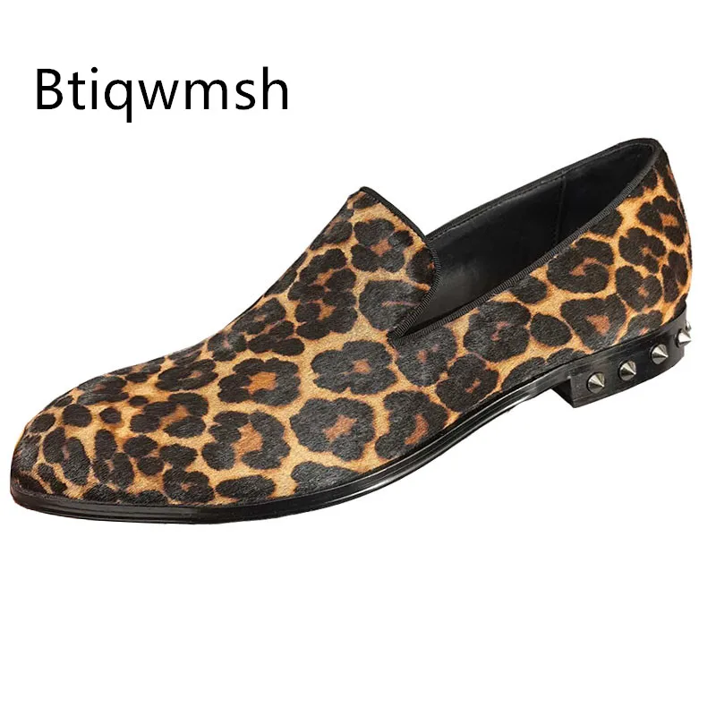 Leopard Horsehair Shoes Pointed Toe Slip On Flats Male Fashion Loafer Shoes