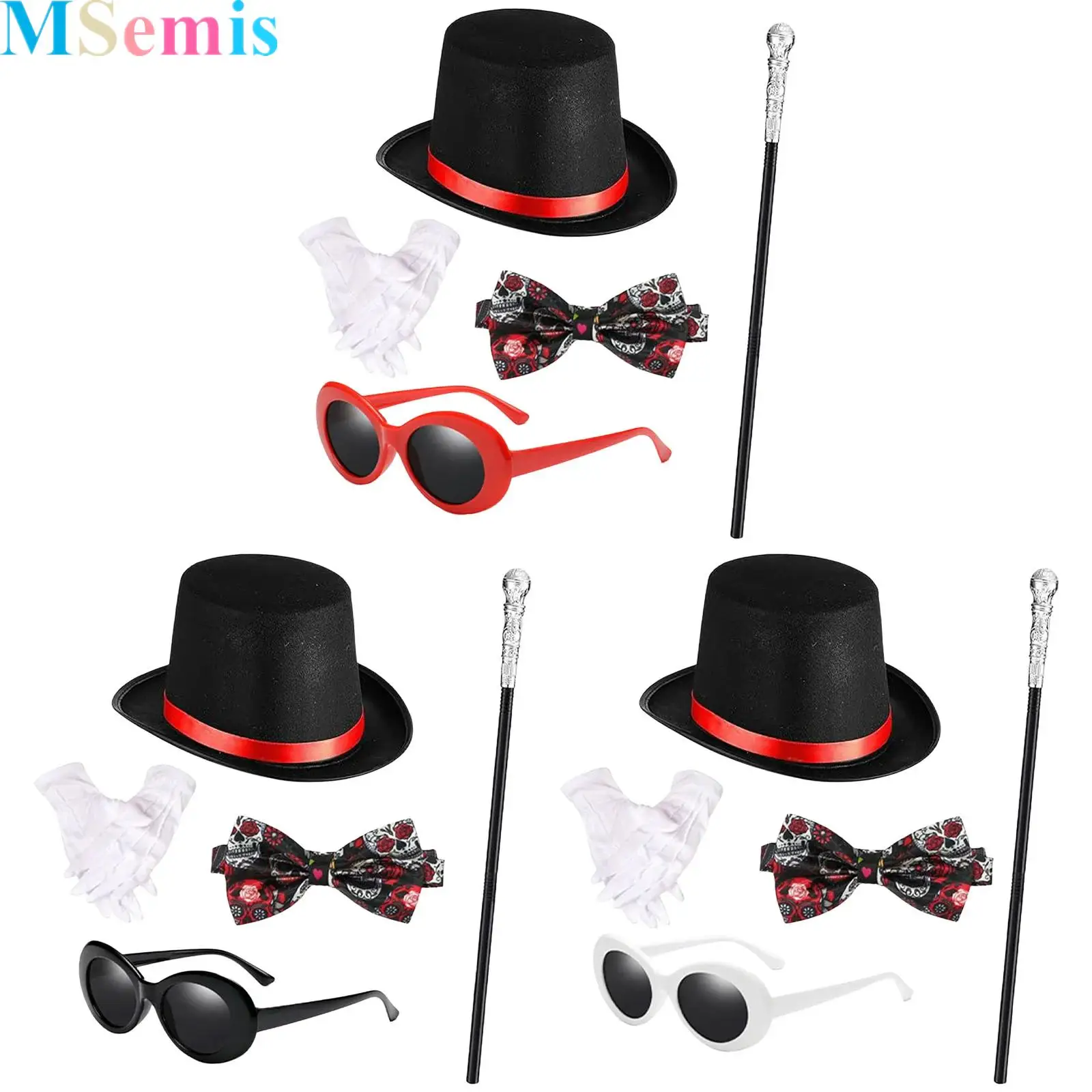 5Pcs Halloween Men Magician Dress Up Costumes Set Include Top Hat Gloves Skull Wand Sunglasses And Bow Tie Set