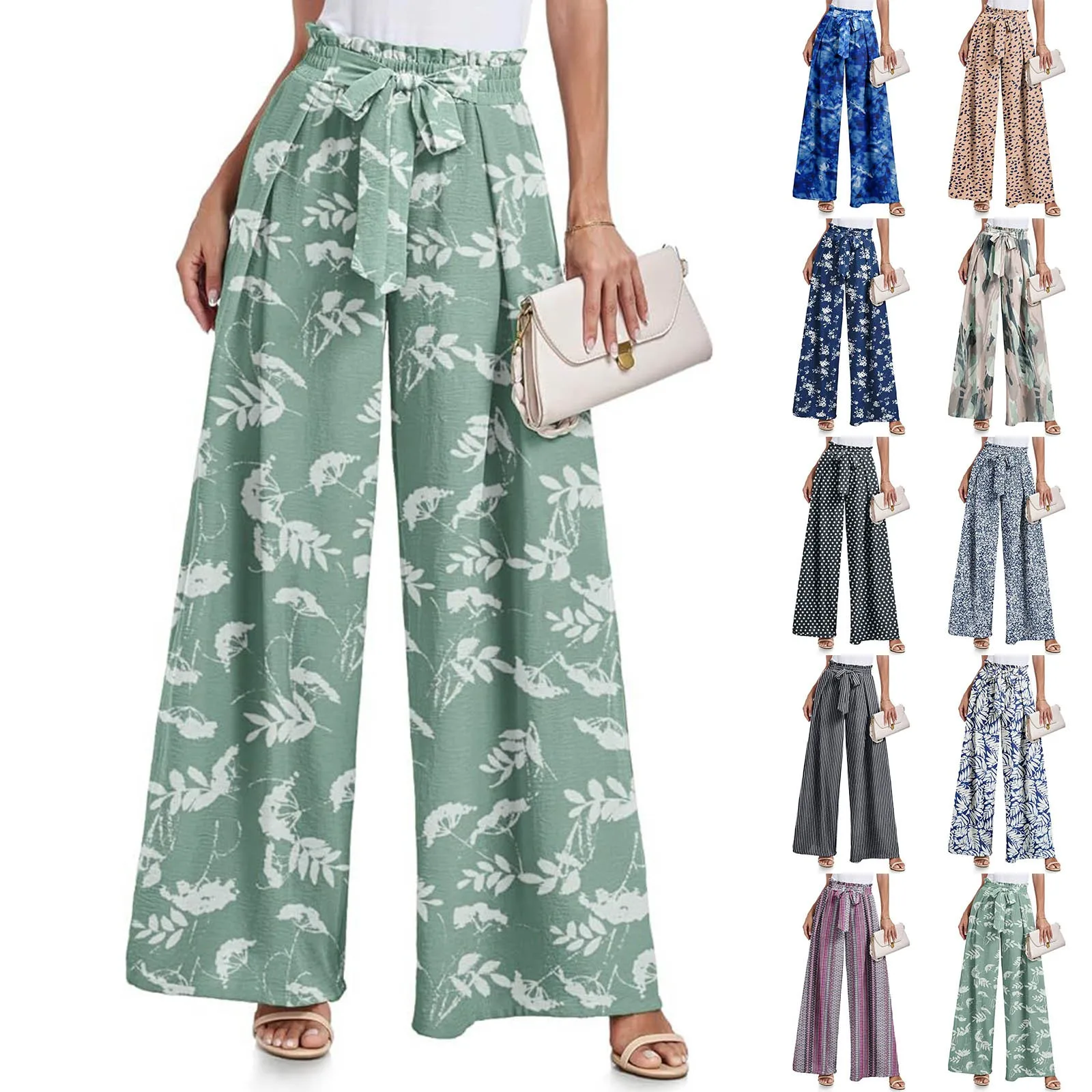 Fashion Boho Floral Wide Leg Pants For Women Flowy Ruffled High Waisted Waistband Palazzo Trousers Female Summer Straight Pants