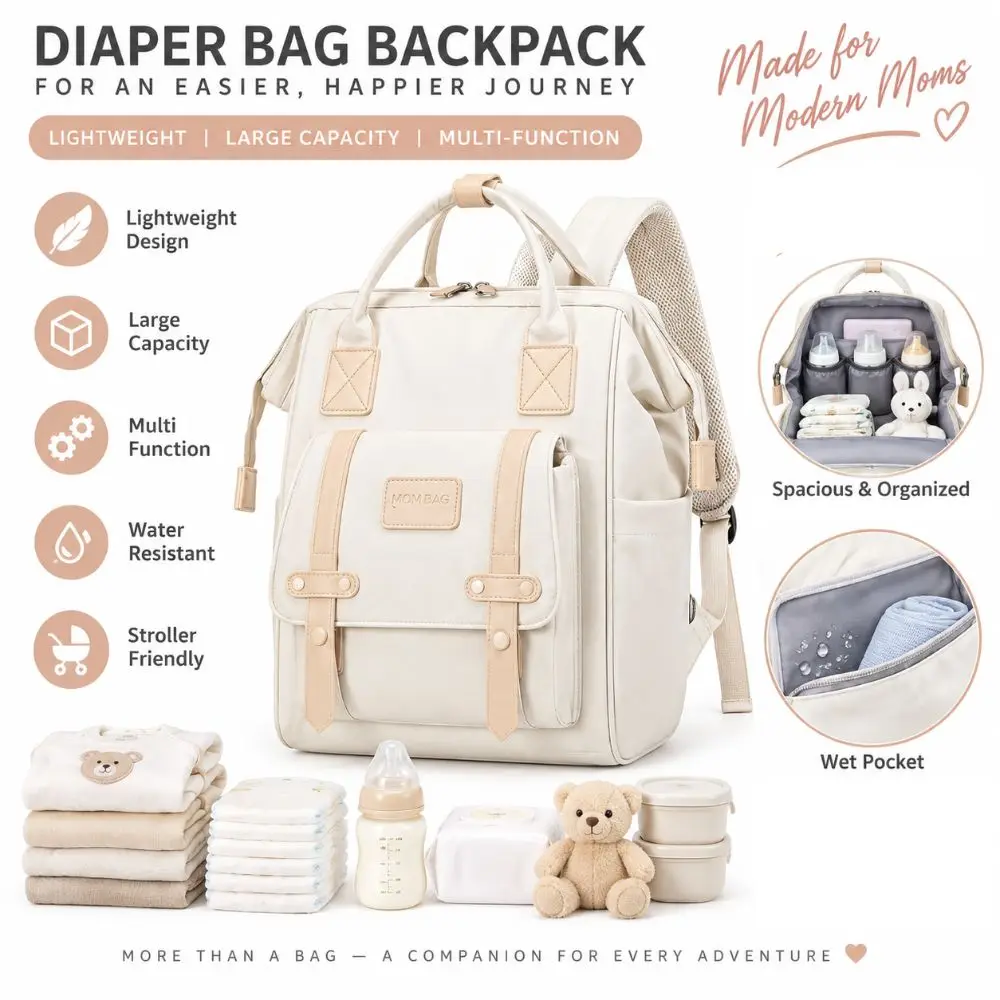 Practical Large Capacity Baby Diaper Bags Waterproof Multi-Compartment Mom Backpack Lightweight Schoolbag for Travel