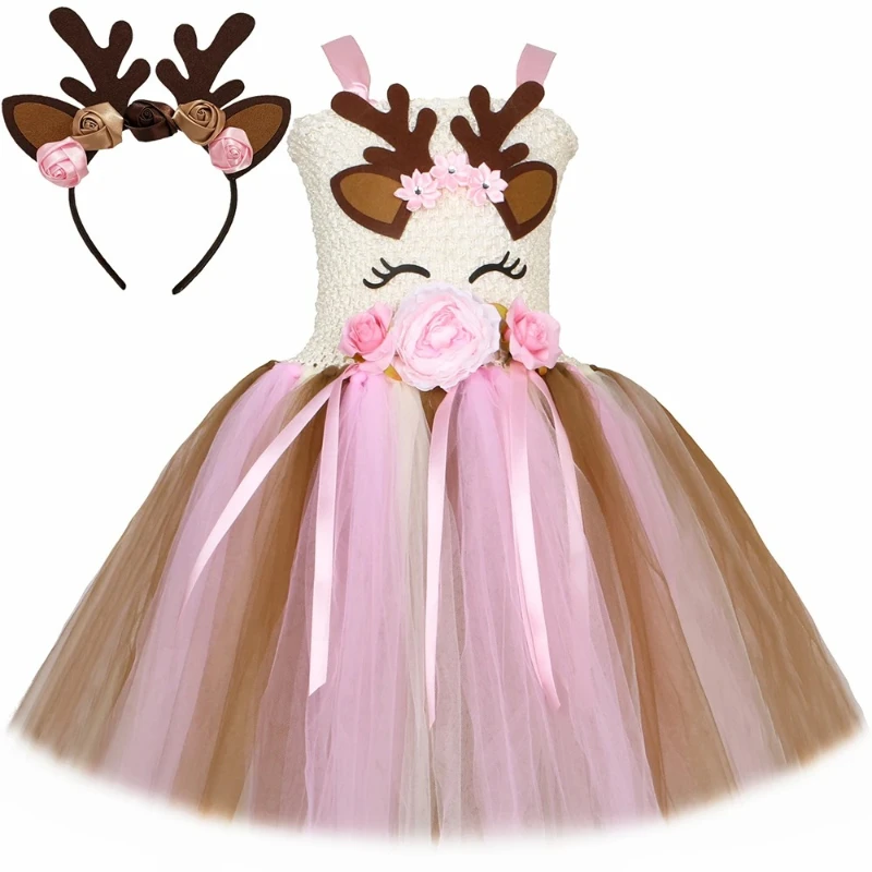 

Flowers Deer Costume for Girls Christmas Elk Reindeer Tutu Dress Kids Halloween Carnival Party Cartoon Animal Dress Up Outfit