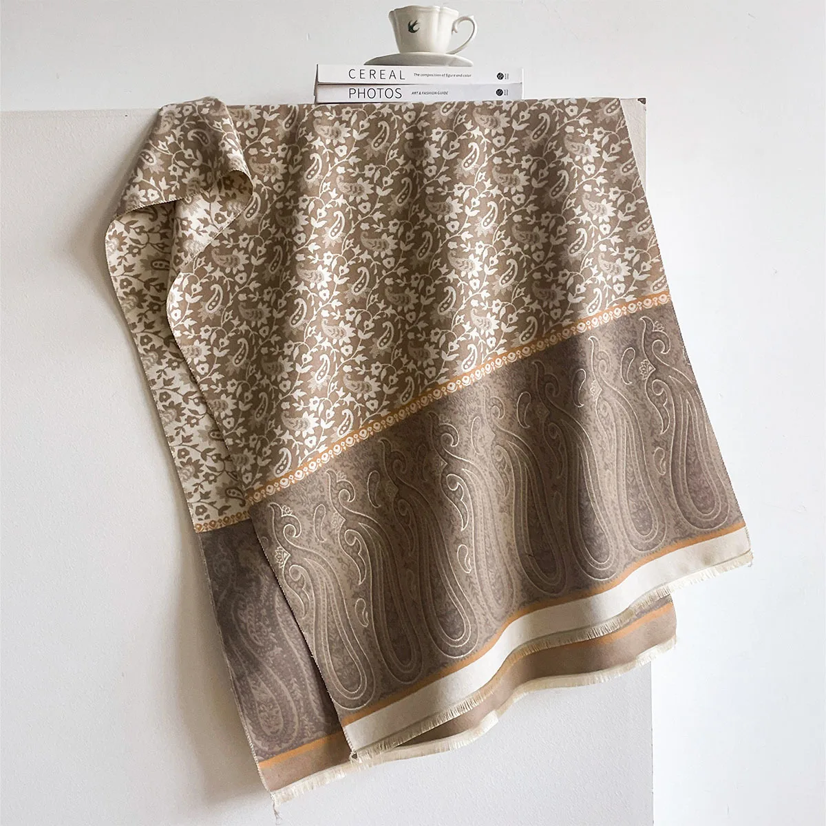 Winter Fashion Oversized Blanket Scarf Faux Cashmere Vintage Brown Cream Split Paisley Art Print Reversible Ladies Wrap Shawl