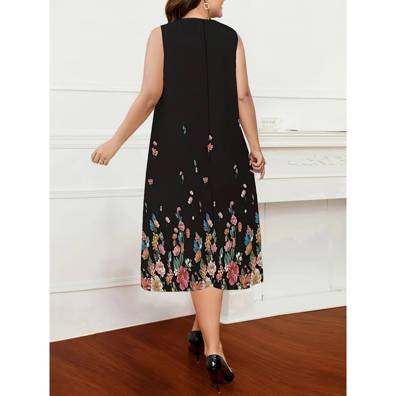 New European and American Black up to plus Size Mid-Elastic Sleeveless round Neck Flower Print Mid-Length Dress Cross-Border Hot