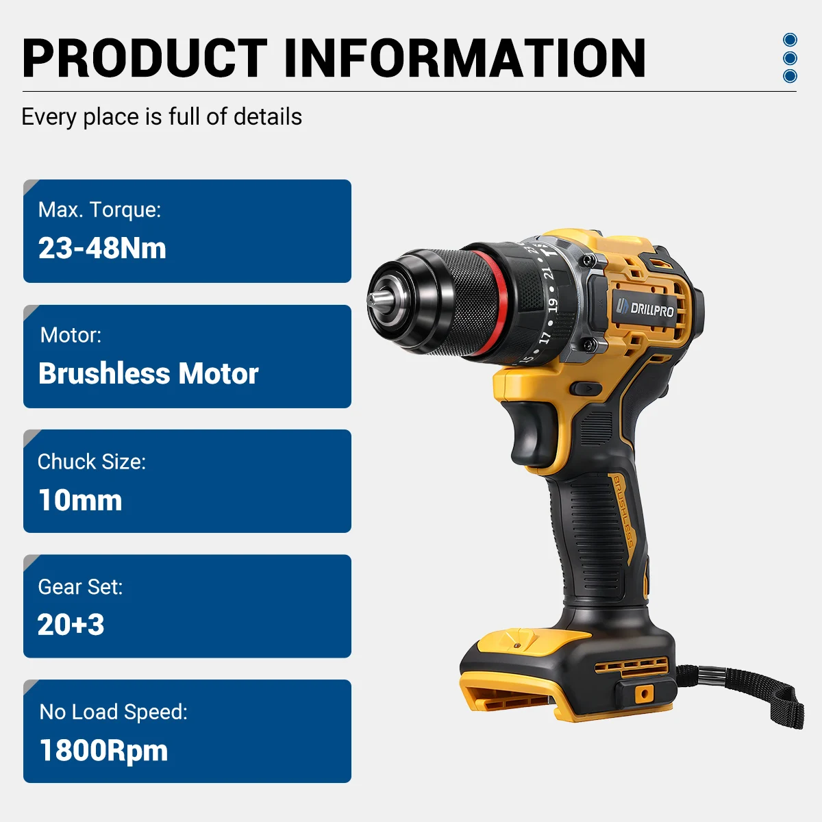 Drillpro-ブラシレス充電式電動ドリル,インパクトドライバー,2スピード,48n.m,デウォルト用電動ドライバー,20vバッテリー