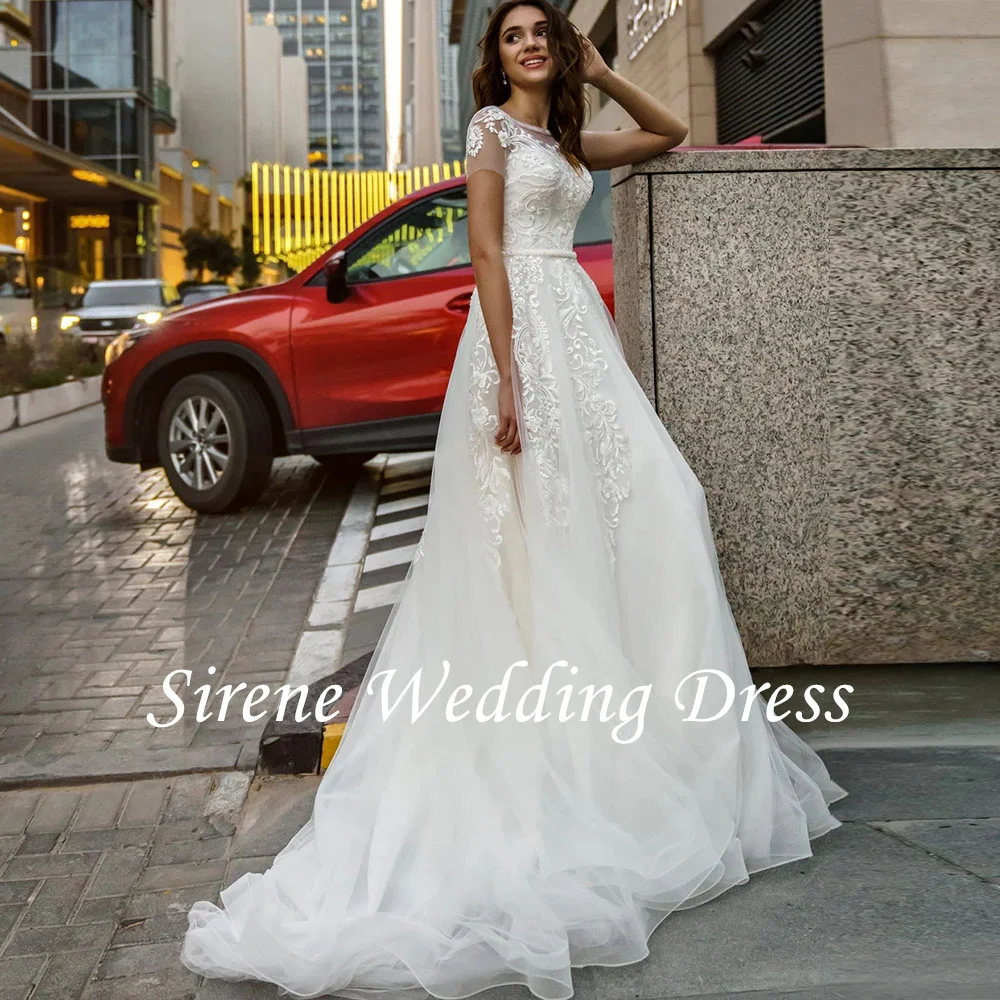 Sirene-Robe de mariée élégante à col rond, manches courtes simples, ligne A, robe de patients, appliques en dentelle, train de balayage, 2024