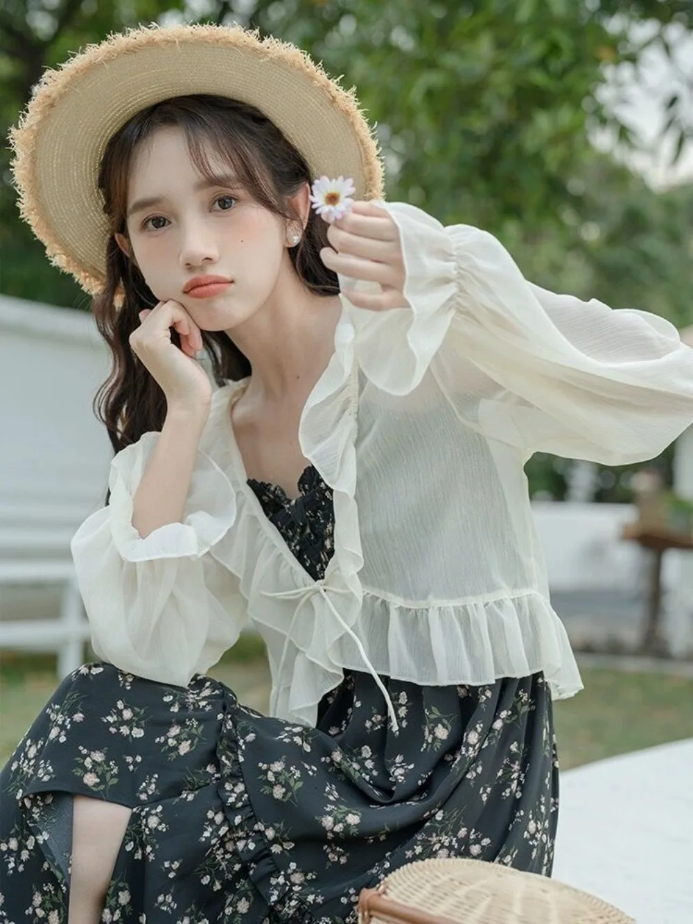 

Короткий кардиган с шалью, женская летняя студенческая солнцезащитная одежда, ультра-топ в сказочном стиле с юбкой-слинг, полупрозрачный Жордж