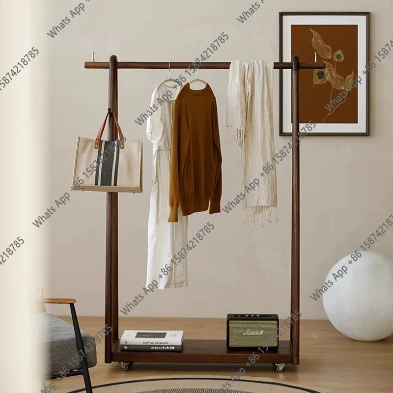 North American Black Walnut Coat Rack Solid Wood Hanger Household Floor Bedroom Storage Foot Brake Wheel Mobile Rack