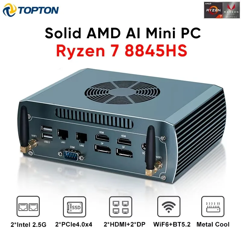 Topton Solid FU03 AI Gaming Mini PC AMD Ryzen 7 8845HS 2 * Intel 2.5G 2 * DDR5 2 * NVME جهاز توجيه جدار الحماية للكمبيوتر Windows 11 4x8K WiFi6