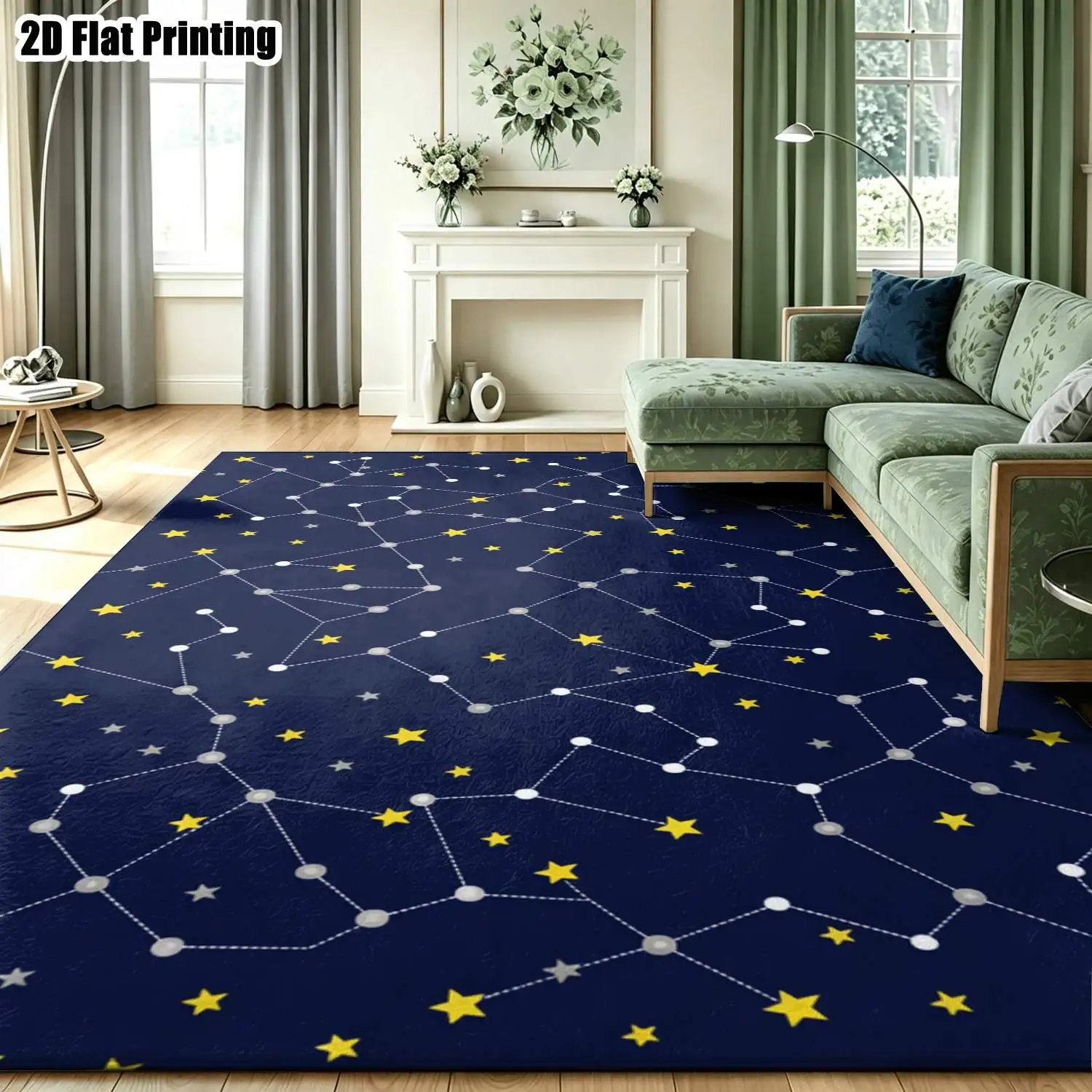 1Pc 2D Printed Navy Blue Starry Sky Constellation Nordic/Instagram Style Carpet, Machine Washable, Multi-Size, Suitable for Home Decor in Various Scenes