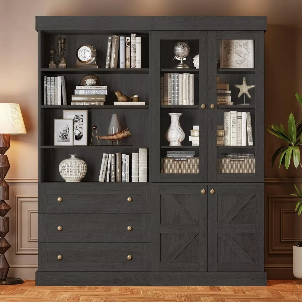 

"71-inch tall farmhouse-style bookcase with glass doors and drawers, adjustable shelves storage cabinet for living room and kitc