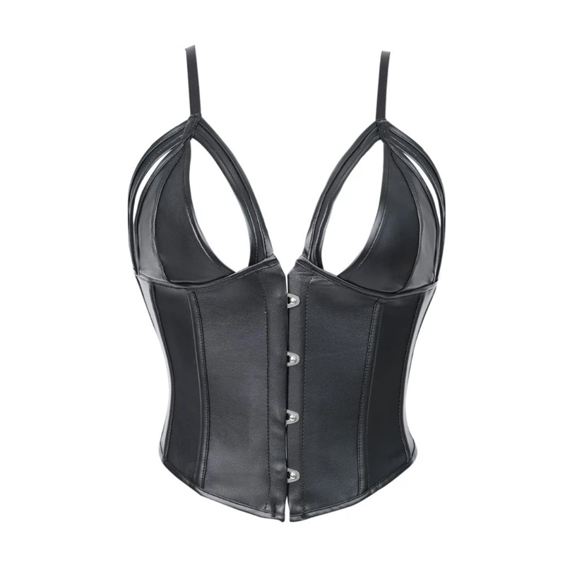 

Черный корсет из искусственной кожи с рыбьей косточкой, топ, сексуальный женский ремень-спагетти, регулируемый бюстье, лиф, жилет, готический формирователь тела, майки