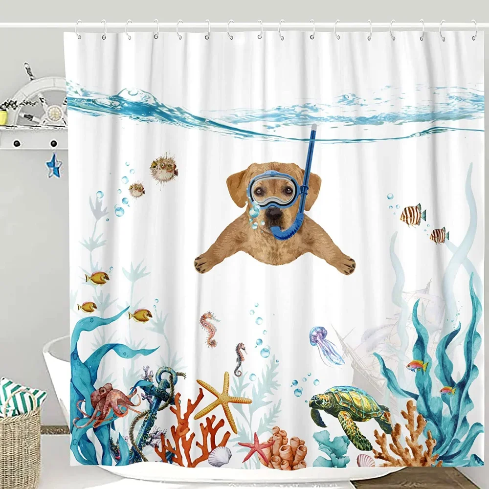 Funny Cat Shower Curtain Cool Cat Riding Shark Seagull On Ocean Sea Blue Waves Kids Creative Design Bathroom Curtain Polyester view 5
