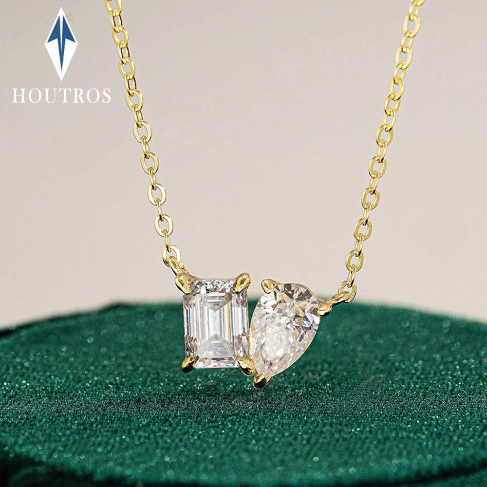 2CTTW Pear and Emerald Cut Moissanite Pendant Necklace Toi Et Moi 2 Stone Lab Diamond Necklace for Women S925 Silver 18K Jewelry