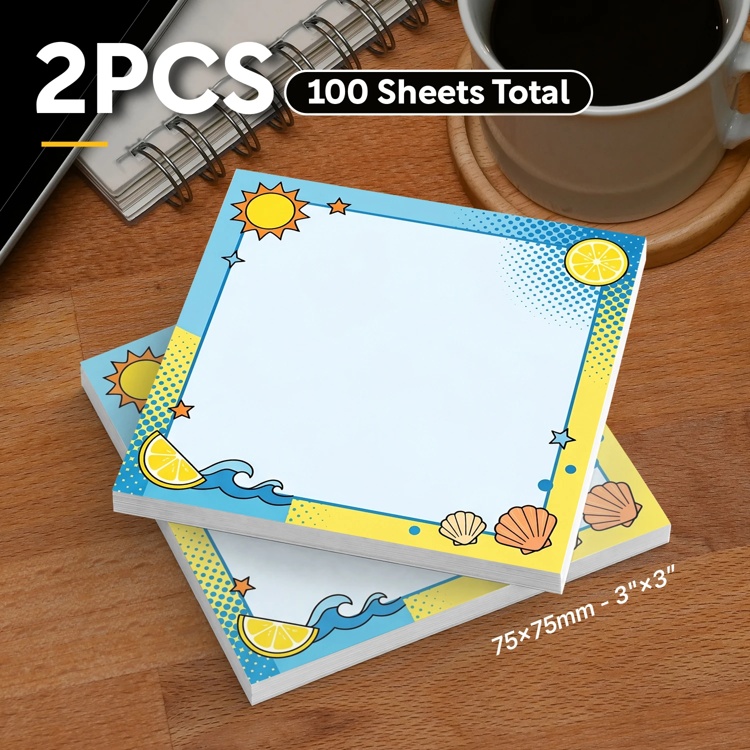 2pcs Summer Beach Sticky Notes Set, Ocean Wave Lemon Shell Self Stick Memo Pads, 100 Sheets Total, Sunny Coastal Notepads