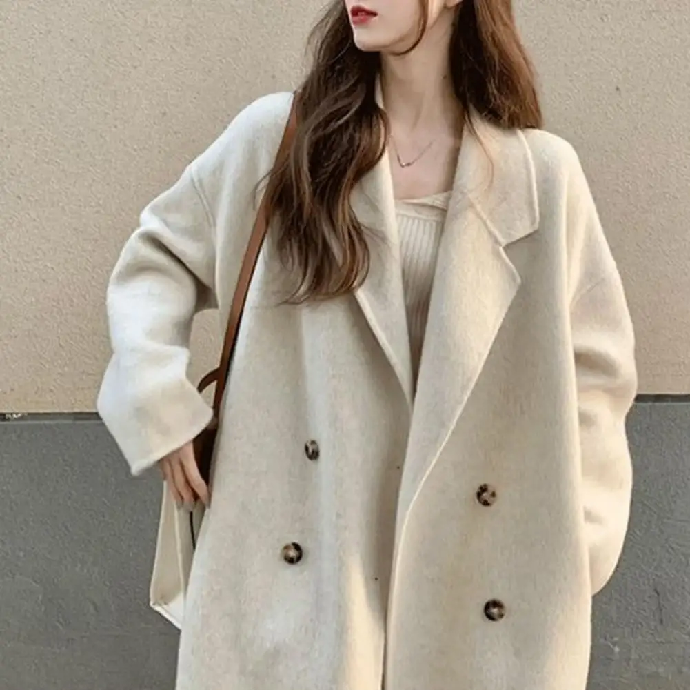 Spring Autum Jacket Thickened Windproof Warm Women\'s Double-breasted Trench Coat with Lapel Pockets Long Sleeves Mid Length