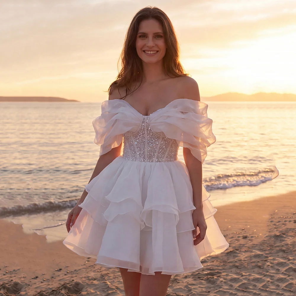 Customized Luxury Wedding Dress Off Shoulder Sequin Corset Bridal Dress Organza Ruffles Layered Skirt Beach Bride Dresses