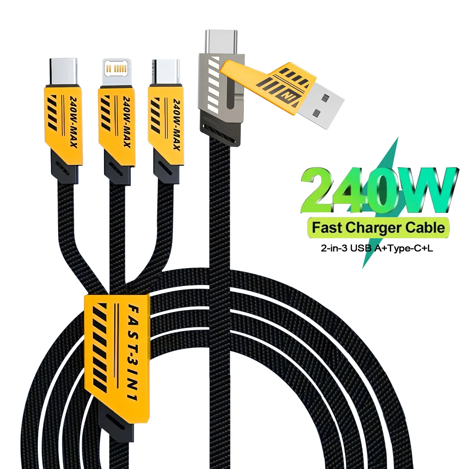 Cable de Carga Rápida 2 en 2/2 en 3 de 240 W para Micro USB Tipo C, Cable Cargador de 1.2 m con Múltiples Puertos USB para iPhone y Huawei