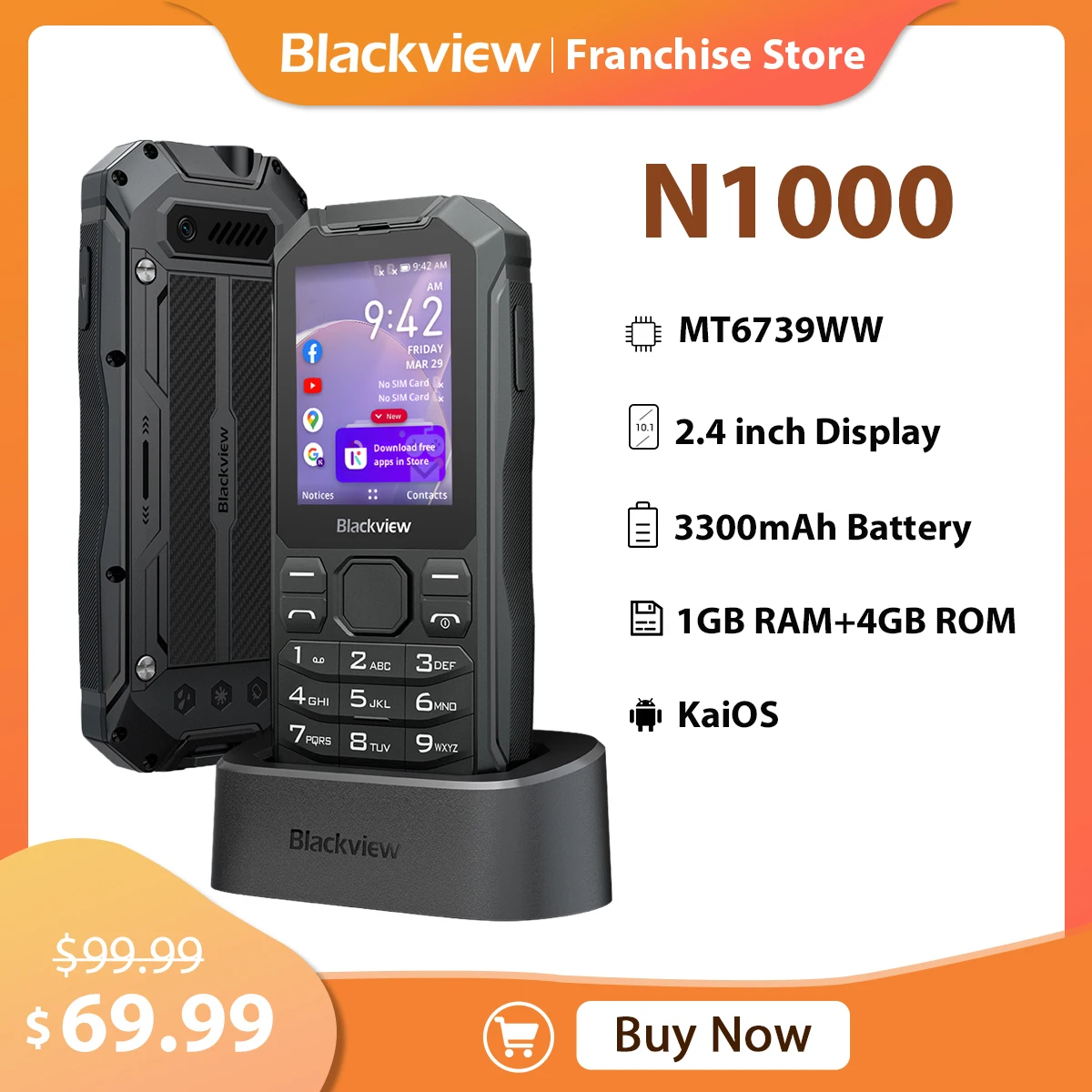 Blackview N1000 Rugged Smartphone 2.4 Inches Display 1GB RAM+4GB ROM 3300mAh 2MP KaiOS Dual 4G SIM Flashlight Mini Mobile Phone