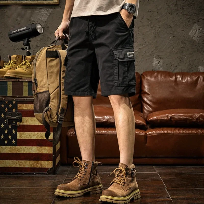

Широкие бермуды с карманами Мужские короткие брюки Полумешковатые свободные мужские шорты-карго Однотонные длинные эластичные талии Hevy Whate Y2k Elegant
