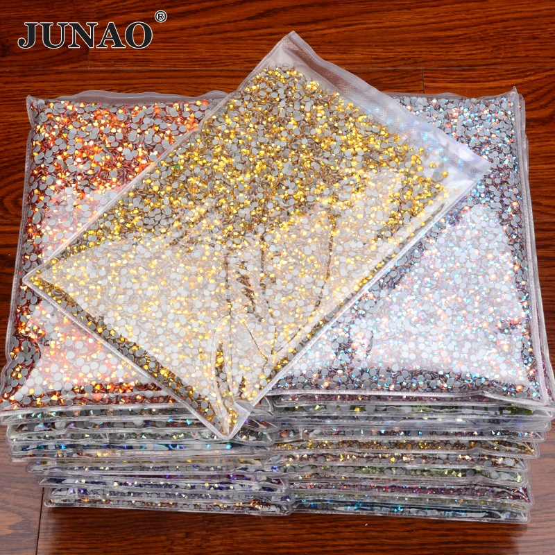 JUNAO SS 6 10 16 20 30 Wholesale AB Crystals Hotfix Glass Rhinestones Flatback Round Strass Stones for Wedding Dress Making