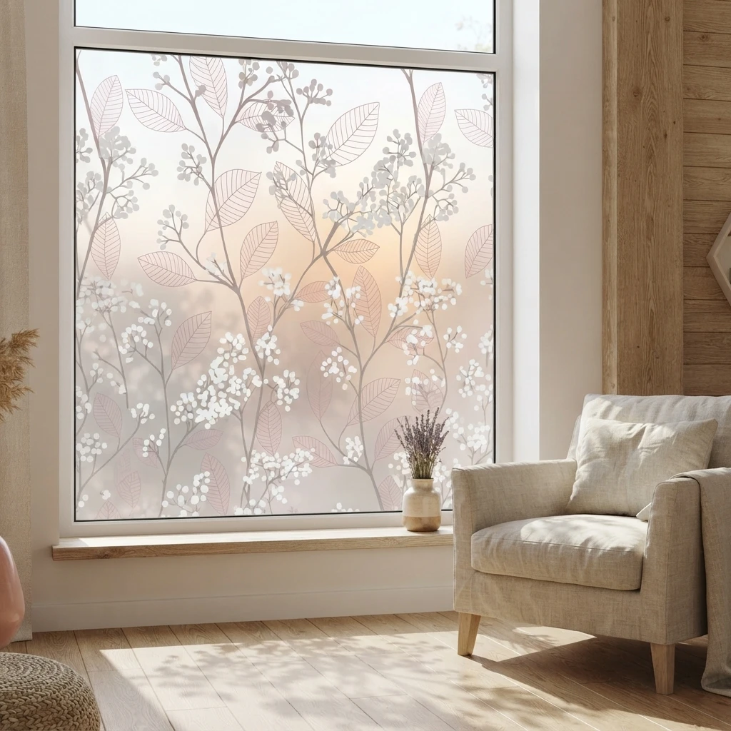 Pink Leaf & White Flower Self-Adhesive Window Film Frosted Glass Privacy Decorative Tint for Bathroom Bedroom