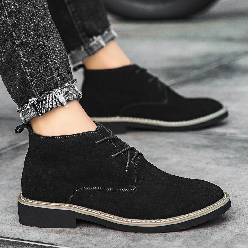 Men Nubuck Leather Hidden Height Increasing Ankle Boots Lace‑Up Pointed Toe 6CM Invisible Elevator Sole Soft Lining Wear‑Resis