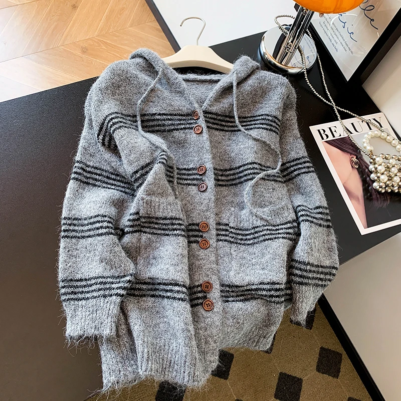 سترة نسائية صوفية مخططة مريحة مفتوحة سترة محبوكة متوسطة الطول كسول Sle الكورية أوائل الربيع الحفاظ على الذات