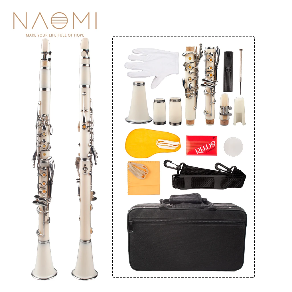 

NAOMI Professional Bb Clarinet ABS Clarinet Cupronickel Plated Nickel 17-Key Kit W/ Clarinet+Reeds+Strap+Case+Components White