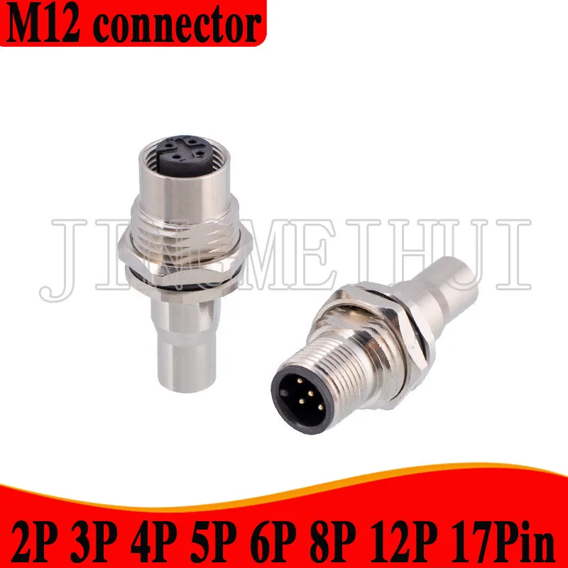 M12 shielded hole type with copper sleeve 4 pole D code 2 3 4 5 6 8 12 17 pole docking socket Waterproof connector pin type