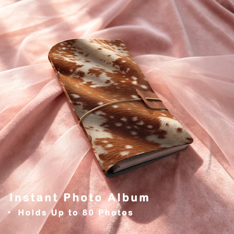 Vintage Brown Cow Spot Printed Vertical Photo Album, 80 Slots 3 Inch Instant Picture Holder Travel Keepsake Birthday Gift