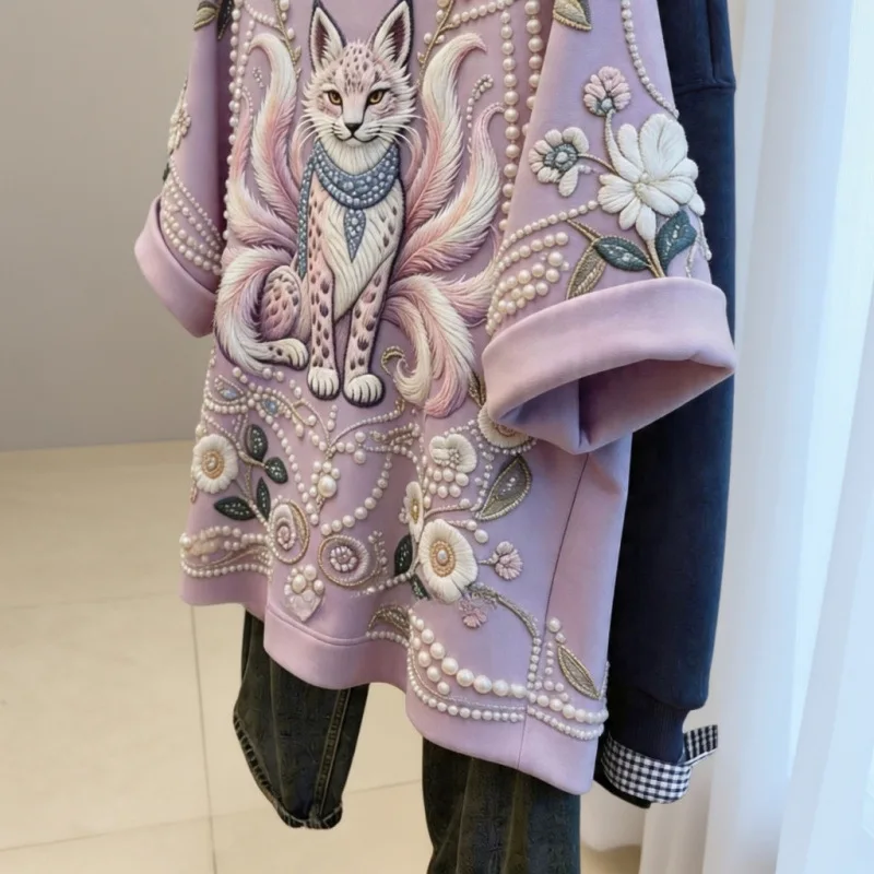 New Spring Summer Loose Women Short Sleeve T-shirt Round Neck Fox Pattern Printed Diamonds Beads Casual Top Loose Basic Tees