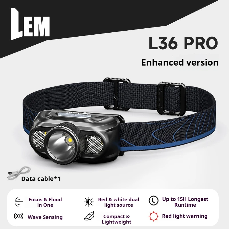 LEM LED Sensor Headlamp Rechargeable 800LM Ultralight Type-C Motion Sensor Headlight Power Display for Fishing Outdoors
