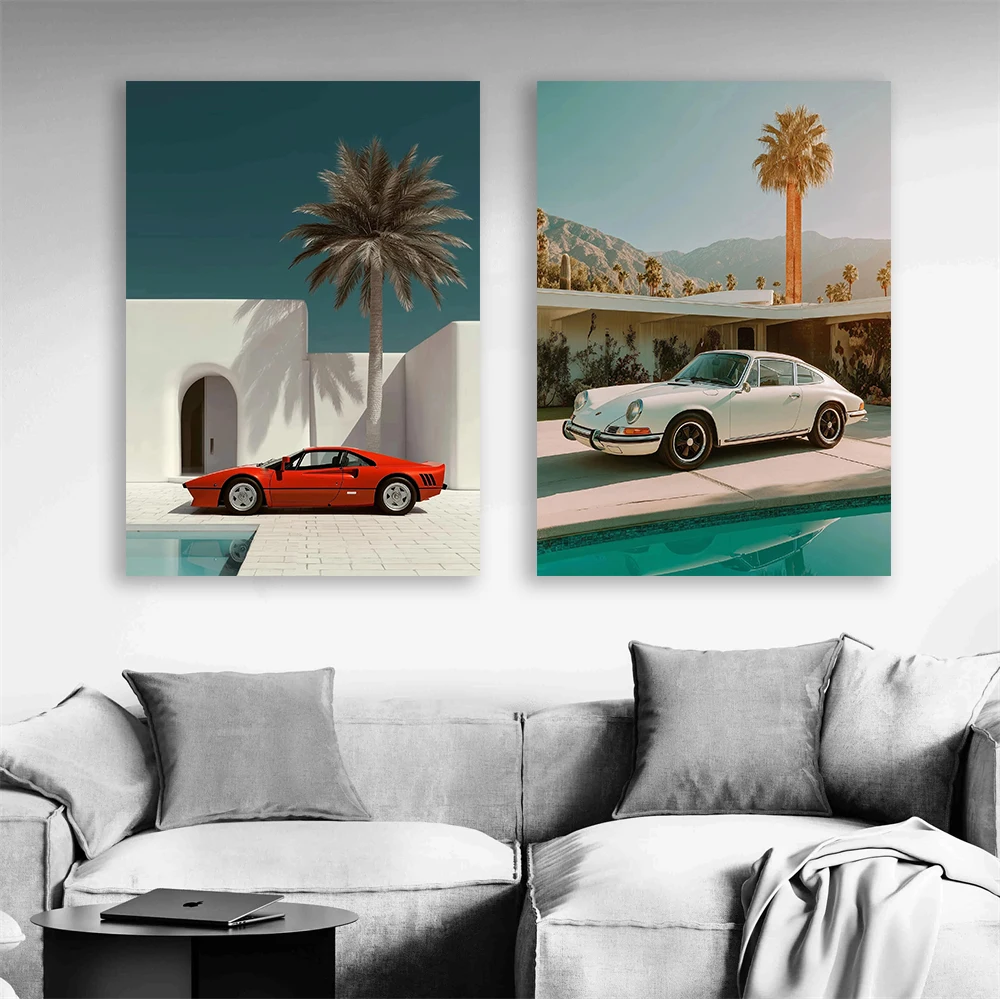 Vintage Luxury Sport Car Coastal Road Villa Palm Springs Pool Photography Poster Canvas Painting Print Wall Art Home Decor