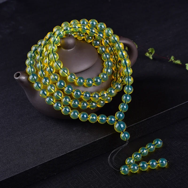 

6-8-10mm Amber Amber 108 Beads Necklace Bracelet with Gold Blue Percol When Chain Blue Amber Beads Jewelry Gemstone Bracelet