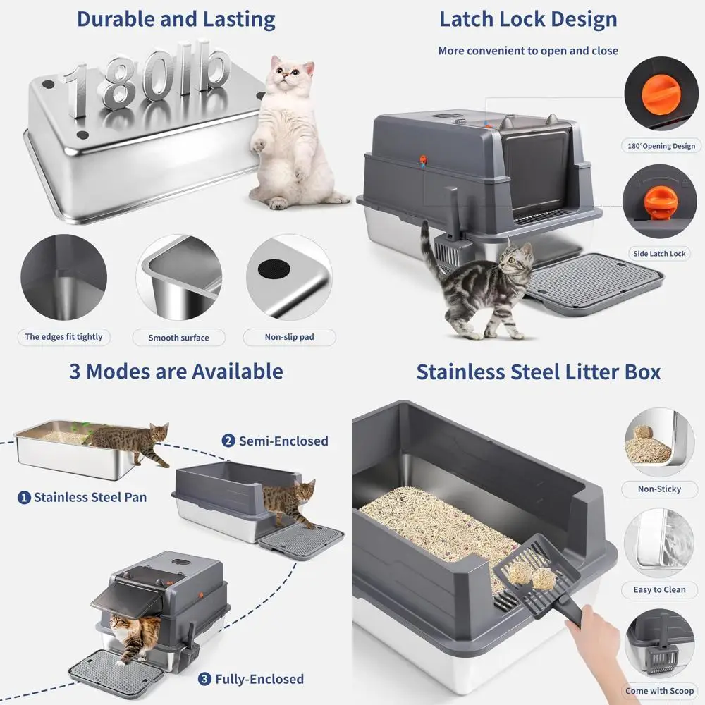

Очень большой (28x20x17 см) закрытый металлический лоток для кошек с крышкой, совком для наполнителя и педалью, контроль запаха, для нескольких кошек (G)
