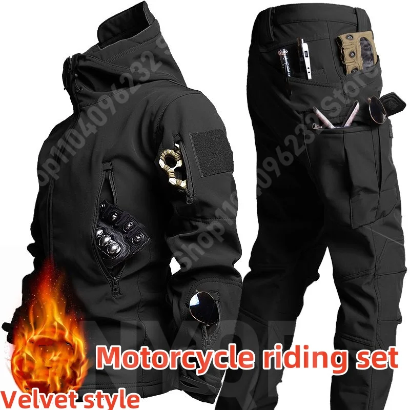 Winter Motorcycle Riding Soft Shell Jacket Set for Outdoor Fishing Waterproof Windproof and Fleece Jacket Motorcycle Jacket