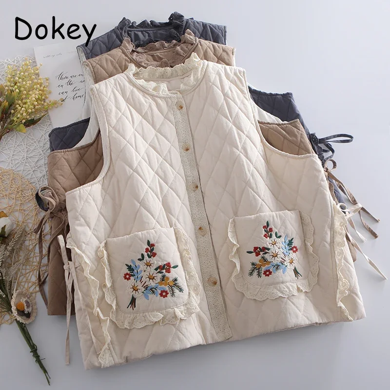 Vintage Embroidery Winter Parka Vest Women Japanese Mori Girl Ruffled Loose Sleeveless Cotton Padded Jacket Chaqueta Mujer