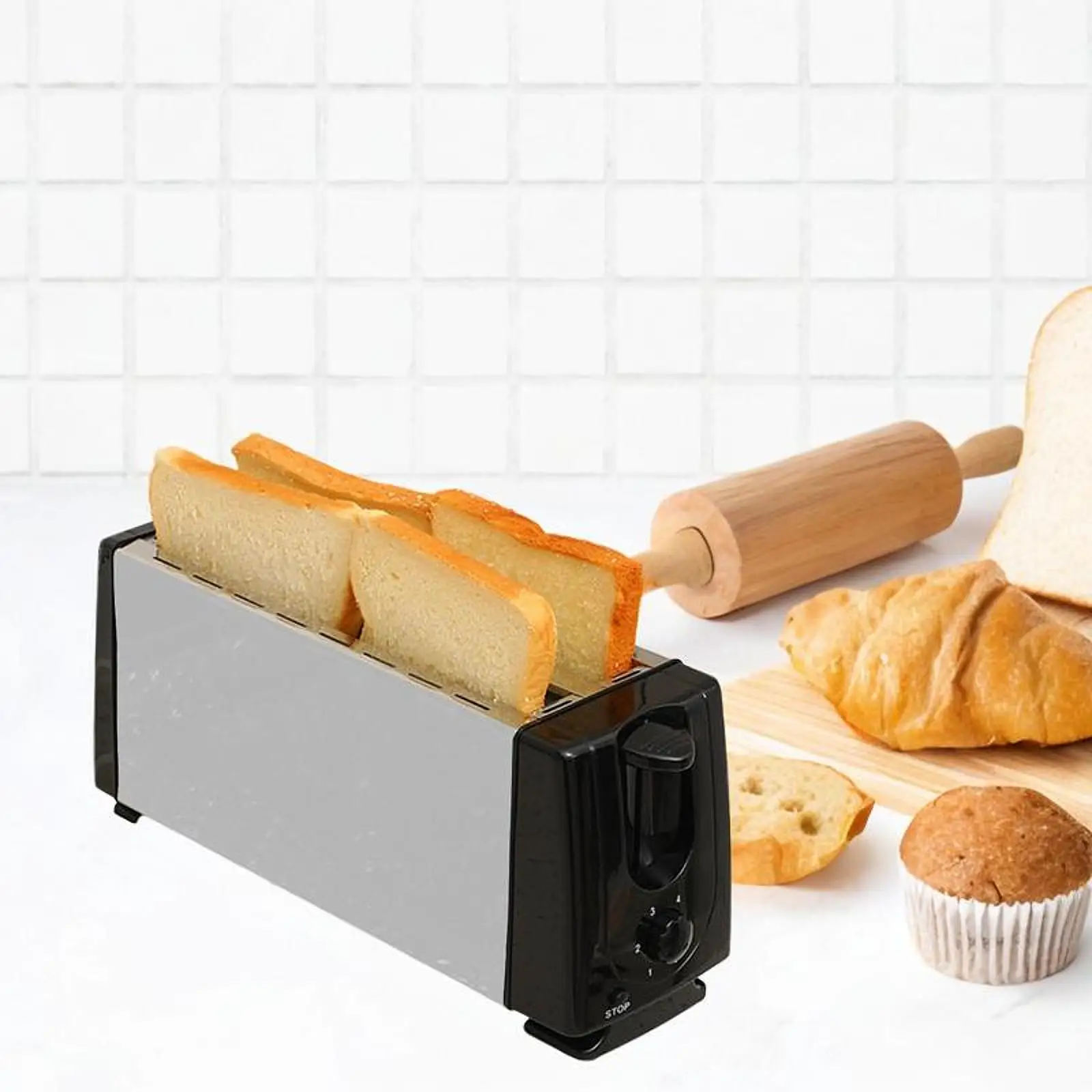 Counter Toaster 4 Slices US Plug Adapter Compact Bakeware Waffle Machine for Cooking Snacks Baking Puff Pastry Specialty Breads