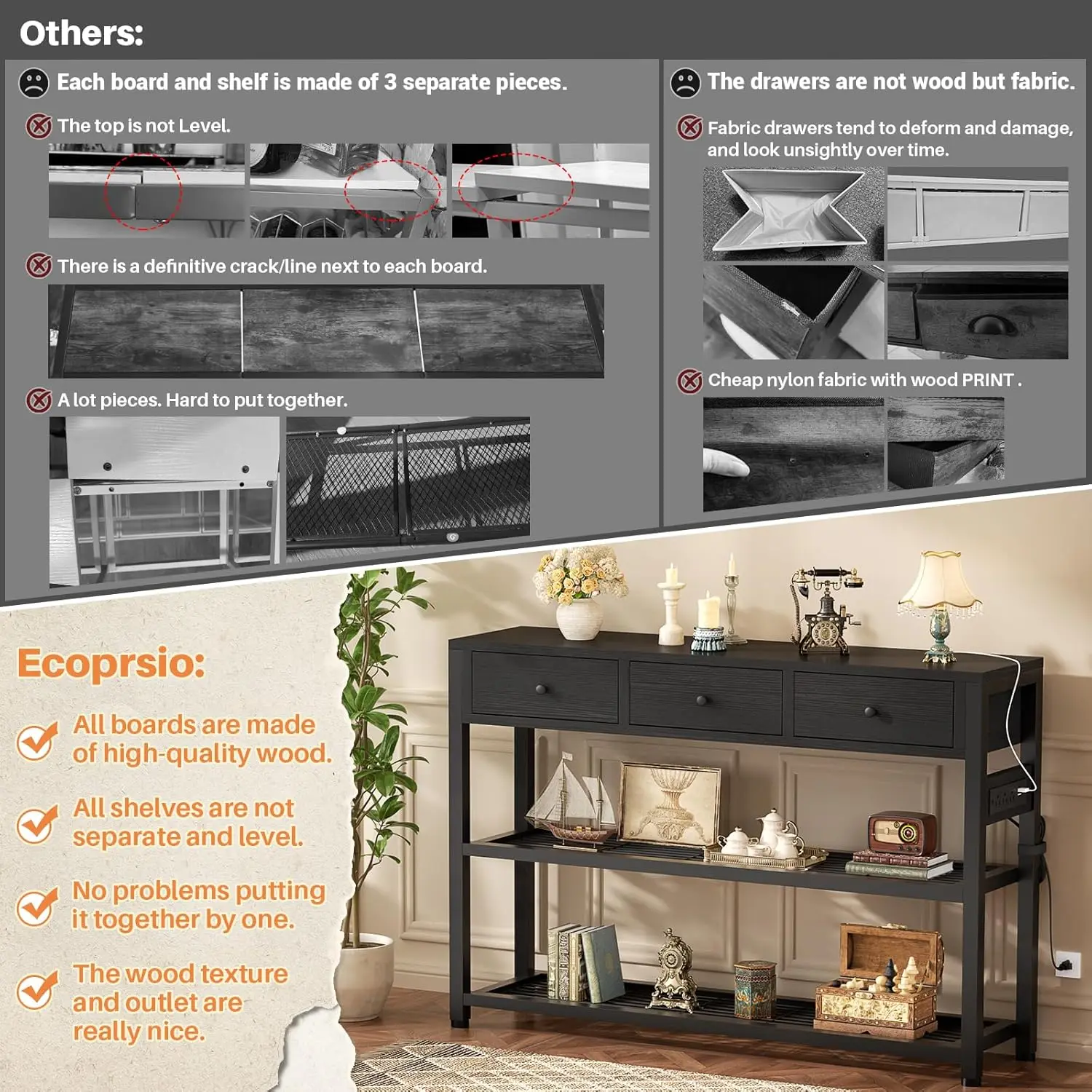 47'' Entryway Table with Outlets, USB Ports & 3 Drawers - Modern Narrow Console for Living Room, Hallway, Kitchen