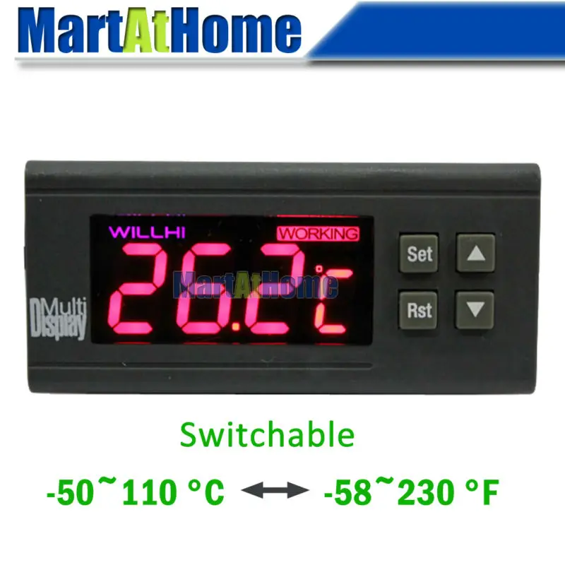 WH7016C+ Switchable -50~110 C/ -58~230 F Digital Temperature Controller Electronic Thermostat w/ Alarmer+Probe 12/24/110/220V