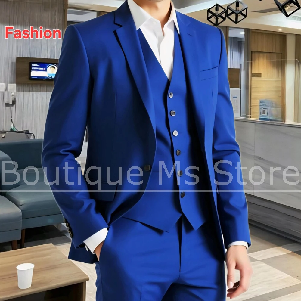 

Men Royal Blue 3 Piece Suit Set Slim Fit Formal Notch Lapel Blazer Vest Pants For Smart Casual Groom Wedding Prom Party Tuxedo
