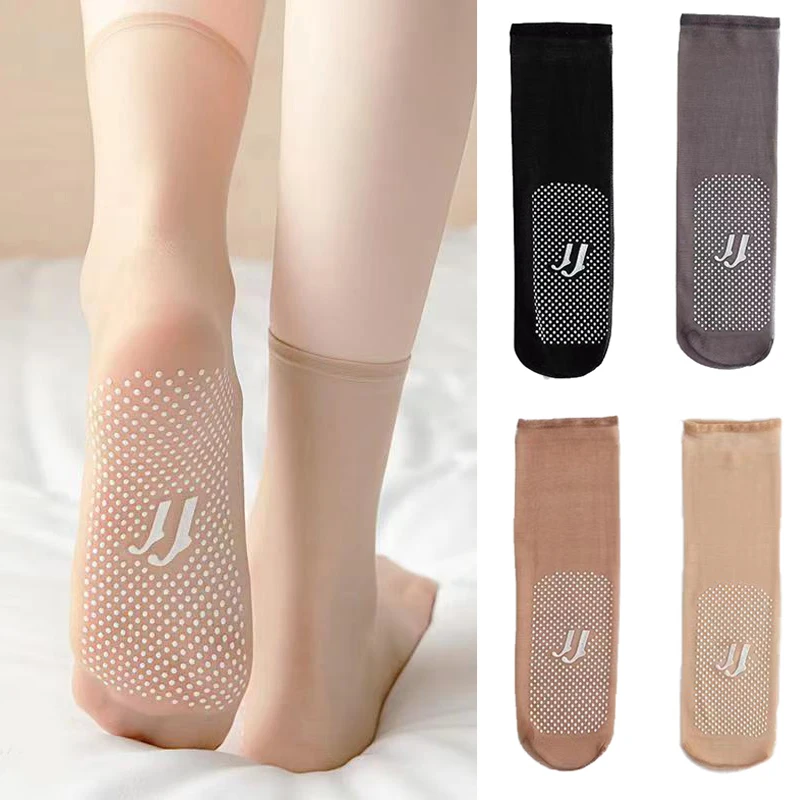 

5 Pairs Summer Women Soft Socks Non-Slip Bottom Splice Fashion Transparent Thin Socks Women Breathable Crystal Silk Sock 2023