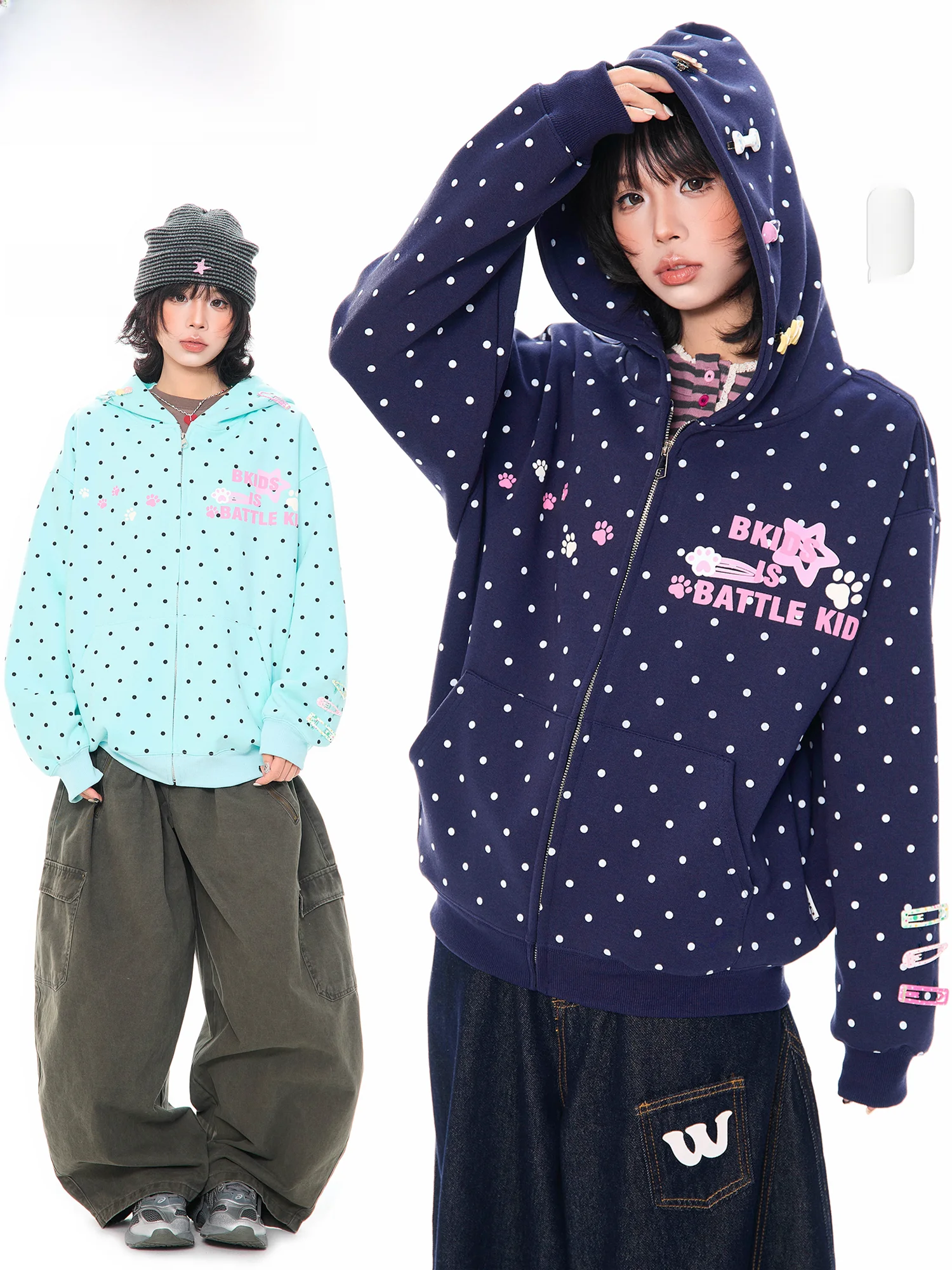 

Корейская толстовка MKGO с принтом в горошек, женская, весенняя, свободная, повседневная, теплая, милая, с длинными рукавами, на молнии