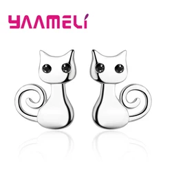 Cute Lovely Stud Earrings For Women Smart Cat Shape Jewelry Pave Shiny Black Cubic Zirconia Fine Top Quality 925 Silver Bijoux