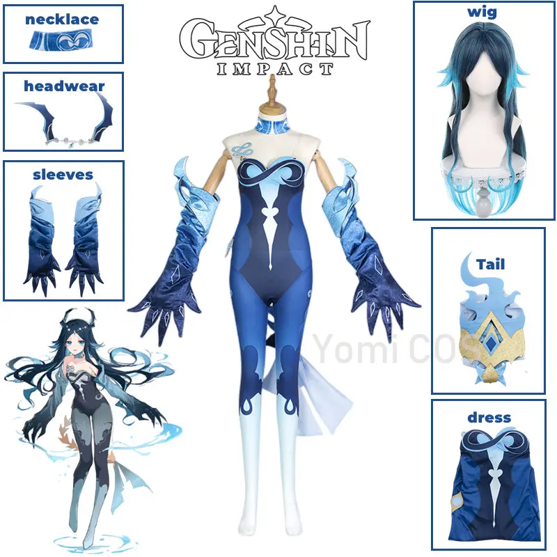 Genshin Auswirkungen Hydro Yaksha Bonanus Cosplay Kostüm Kleid Legendären Yaksha Allgemeine Chizapus Karneval Uniform Perücke Halloween Frauen